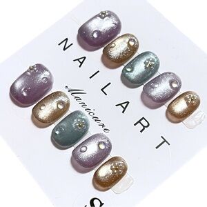Elegant Handmade Multi-Color Cat Eyes Press On Nails Size S